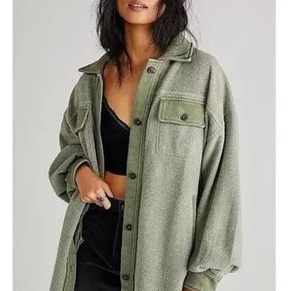 Free People Ruby Oversized Collared Shirt Jacket Shacket in Greyed Olive - M - Picture 5 of 9